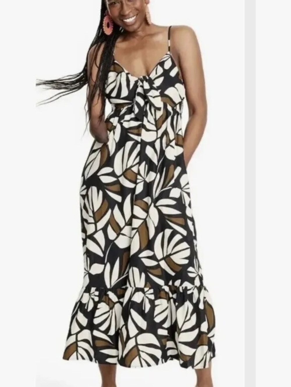 Black + White Leaf-Print Maxi Dress with Olive Accents